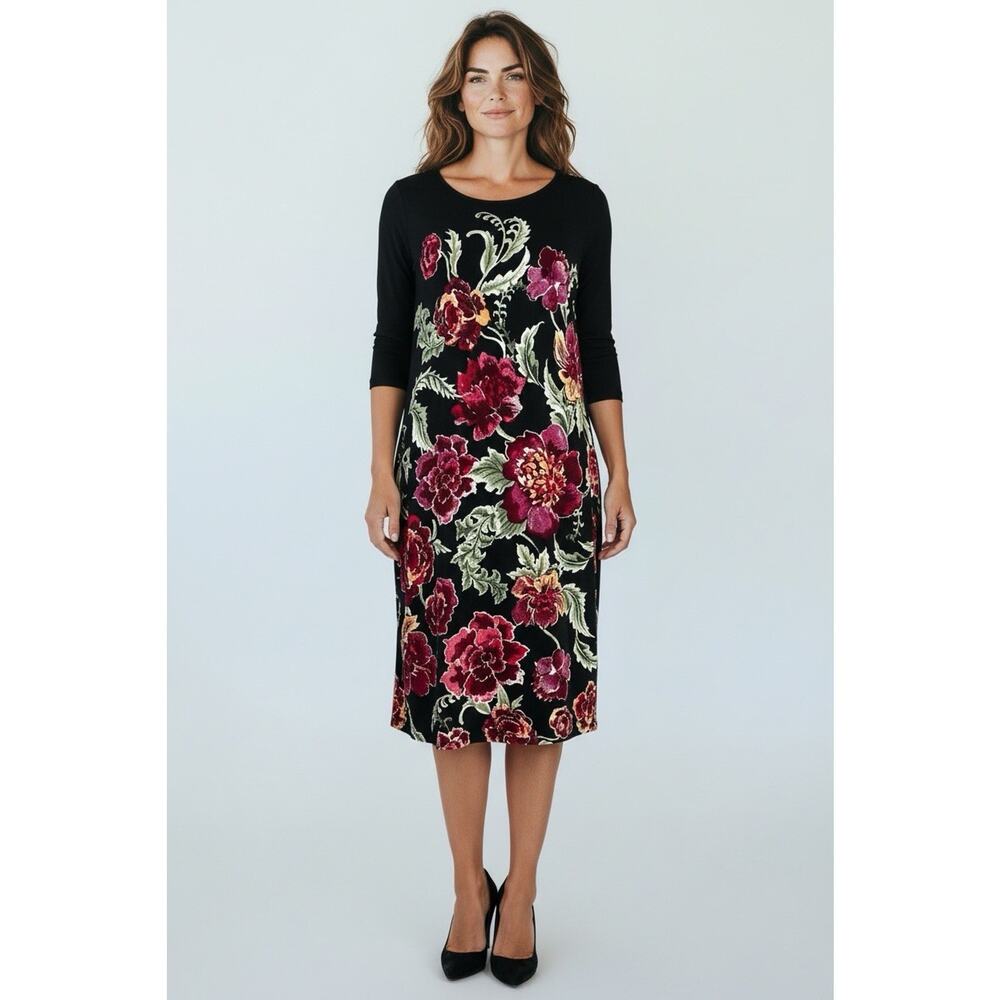 New Chico's Travelers Heritage Floral Black Red LS Dress Wrinkle Resistant 2 Lg